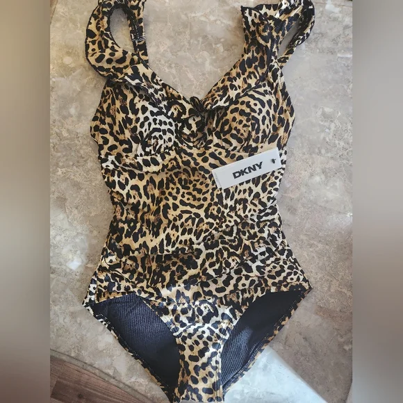 S M L XL DKNY Swim One Piece Ruffle V Neck Swimsuit Leopard - Picture 1 of 11